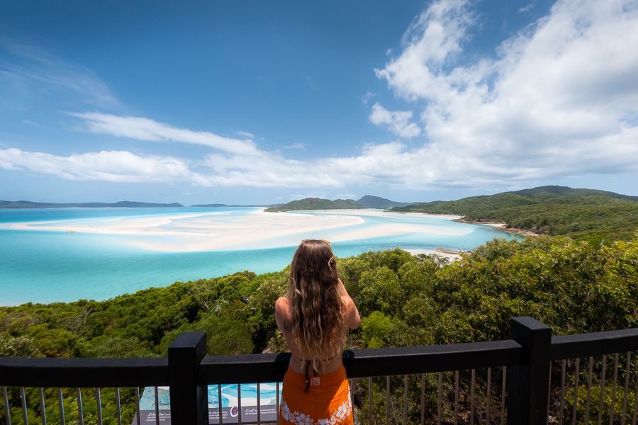 Hill Inlet Lookout on Whitsunday Island A woman at Hill Inlet Lookout in the Whitsundays