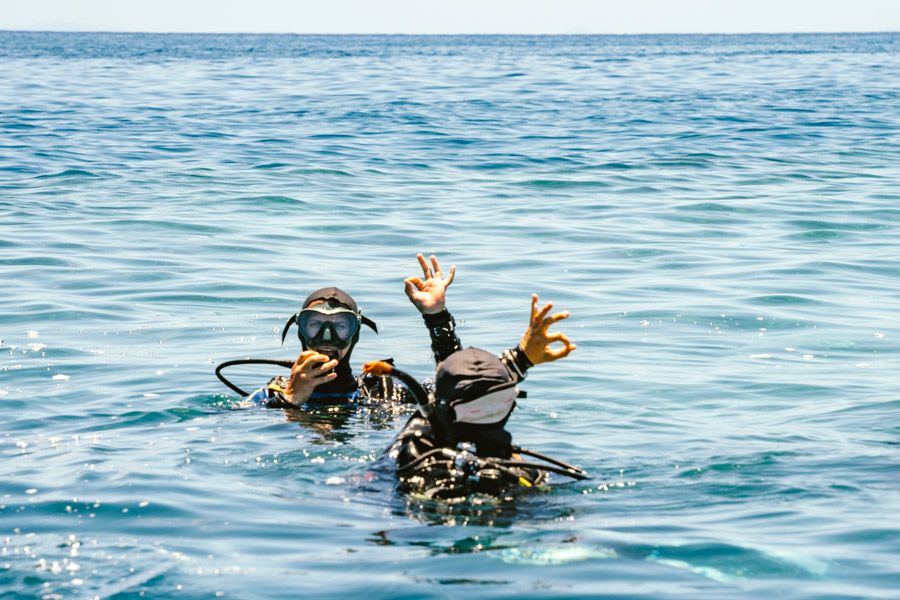 Two people diving in the Whitsundays, putting up the okay sign