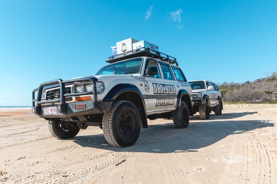 drop bear 4wd parked on the sandy beach on k'gari