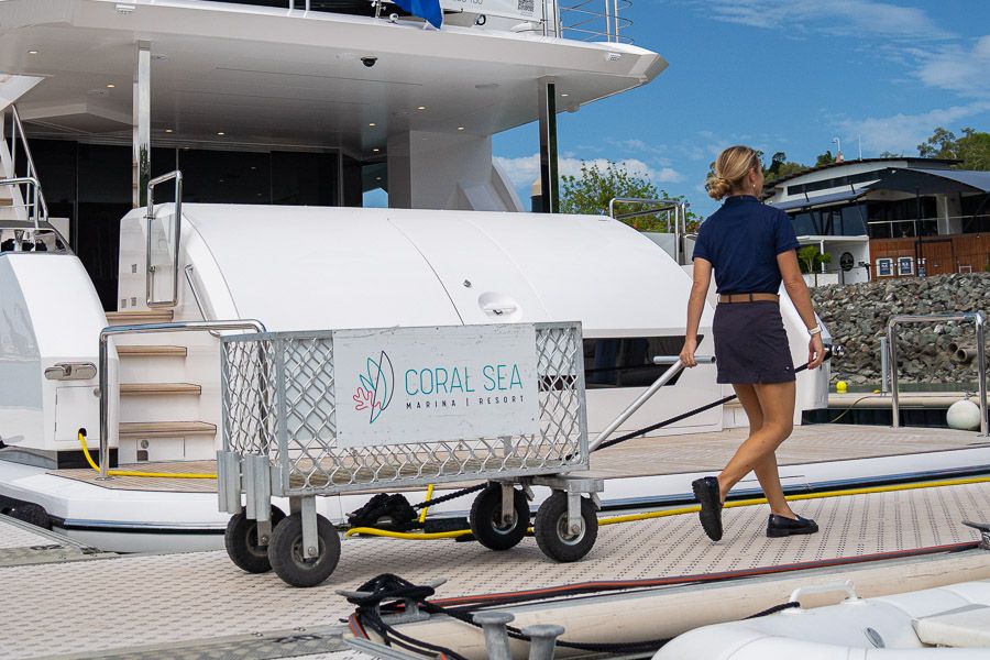 A woman pulling a trolley in front of a boat at a marina