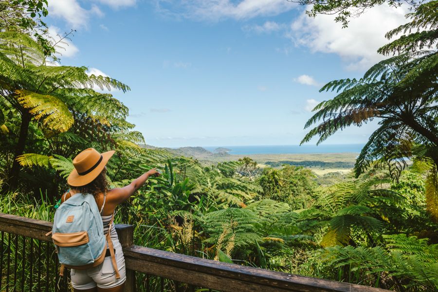 Women wearing a backpack and hat at the Alexandra Lookout, Cairns