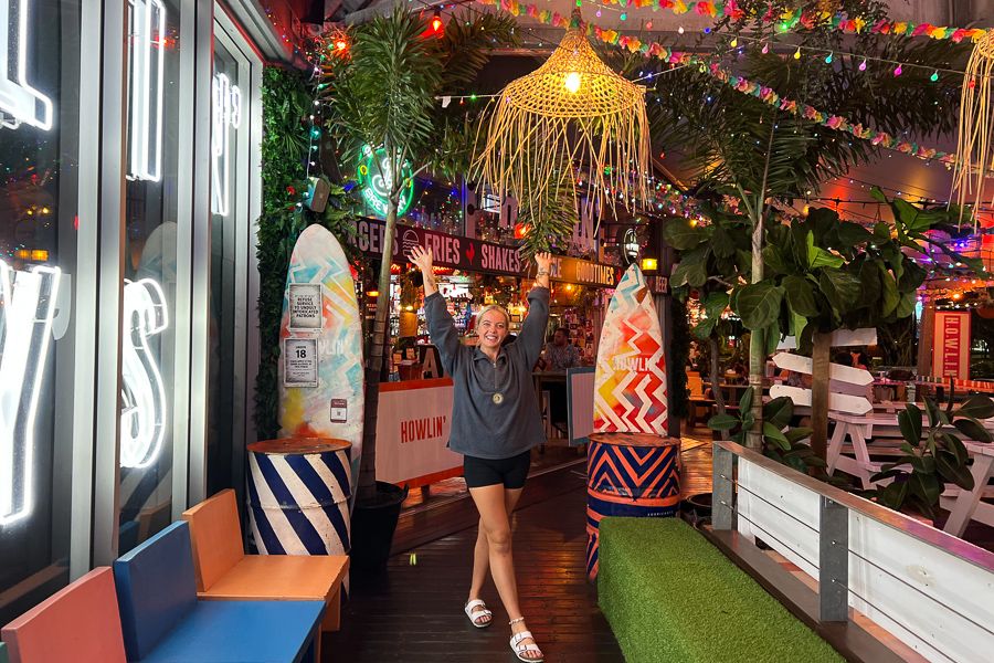 Restaurant and bar with colourful lights in Cairns