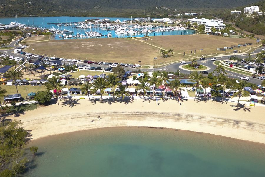 Birdseye view of market stalls in Airlie Beach