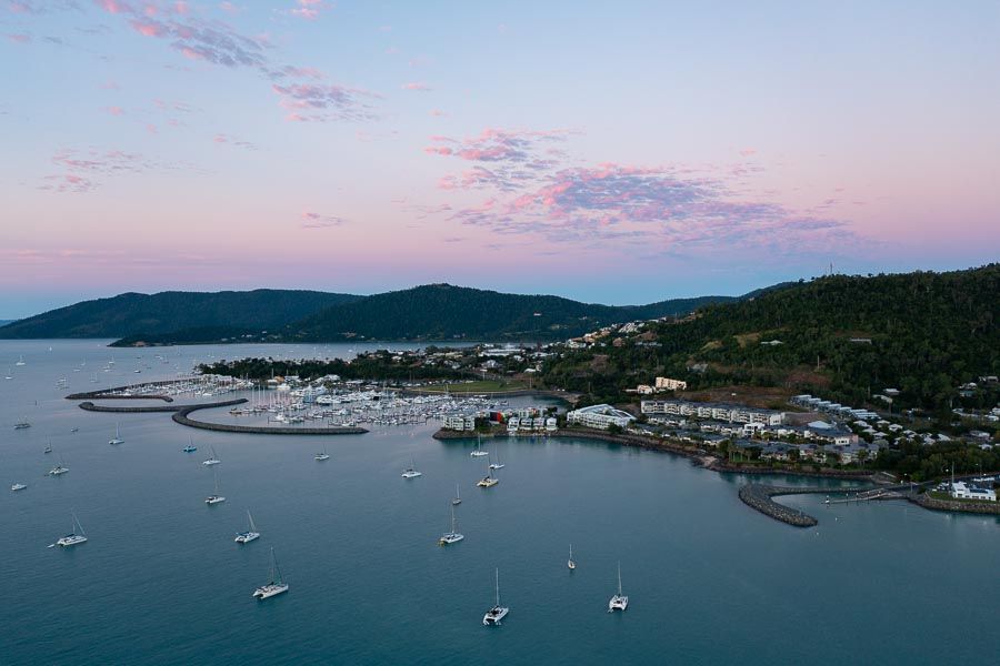 Aerial view of Coral Sea Marina, Airlie Beach.