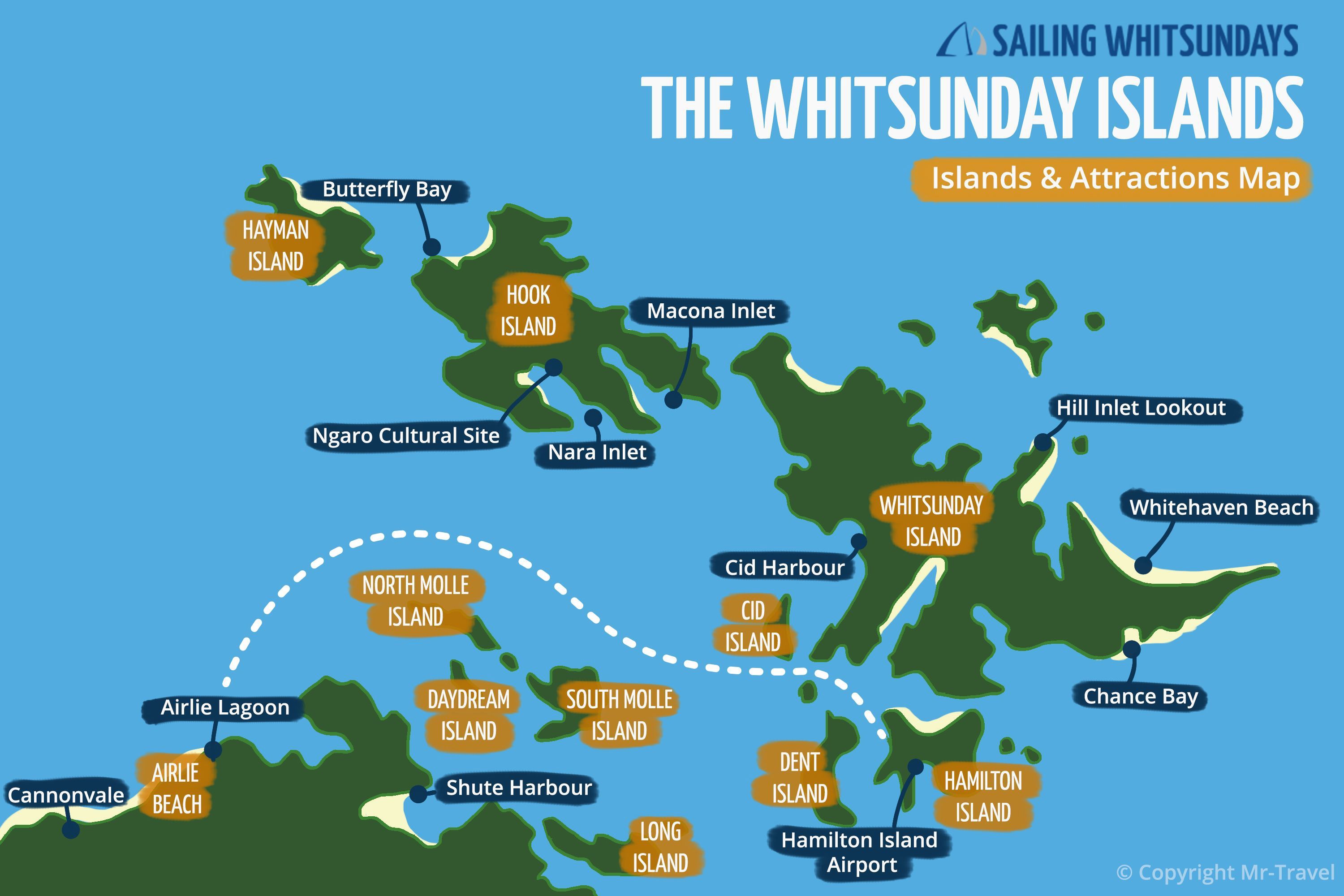 Sailing map route from Airlie Beach to Hamilton Island