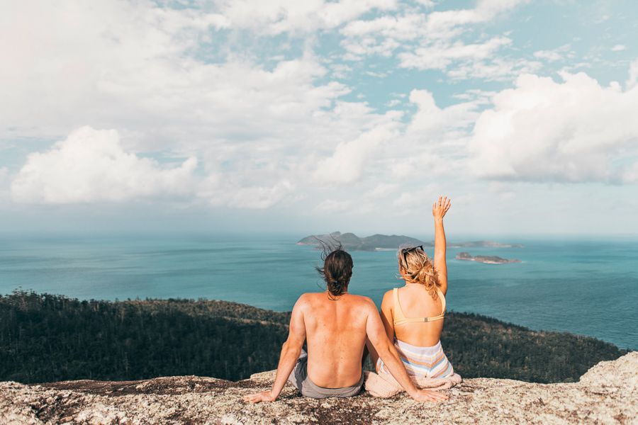 Two people at the Whitsunday Cairn Lookout, Whitsunday Islands