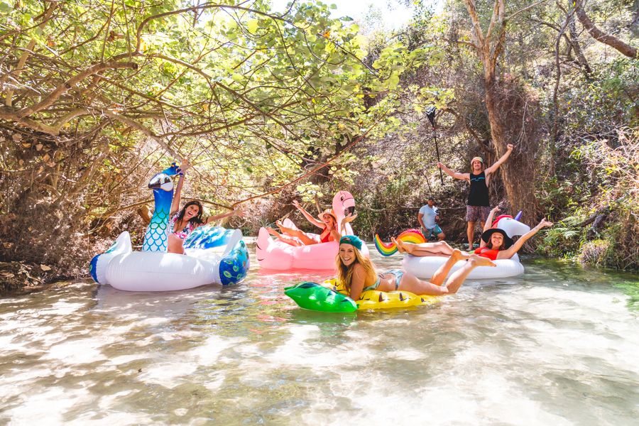 People on assorted animal floats at Eli Creek, K'gari (Fraser Island)