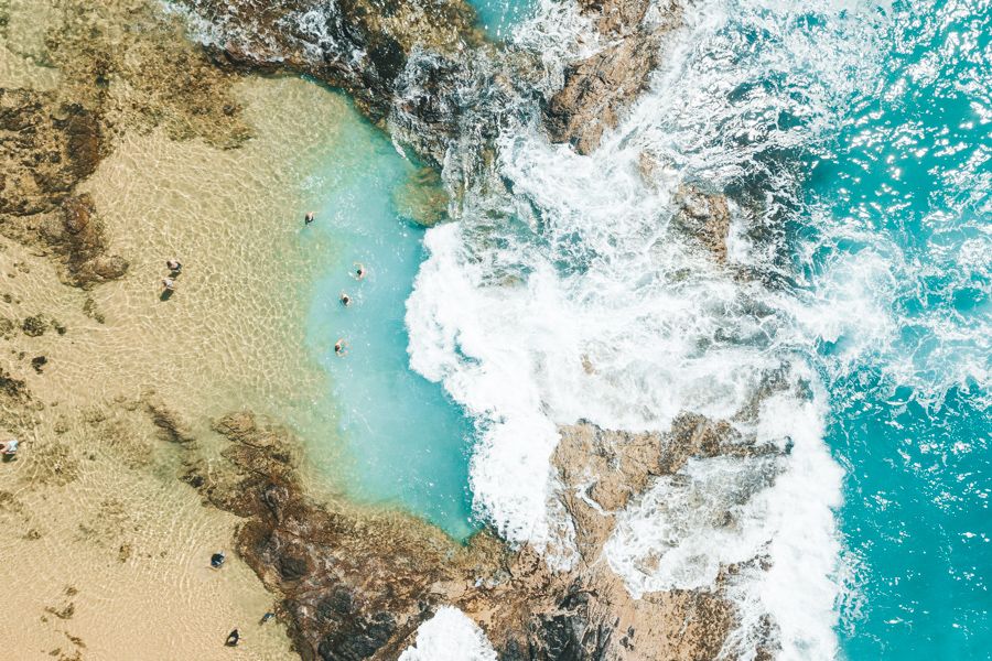 Drone image of the Champagne Pools, K'gari (Fraser Island)