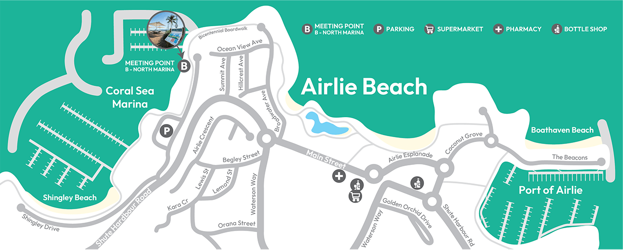 A graphic of a map showing where to meet for Whitsunday Adventurer