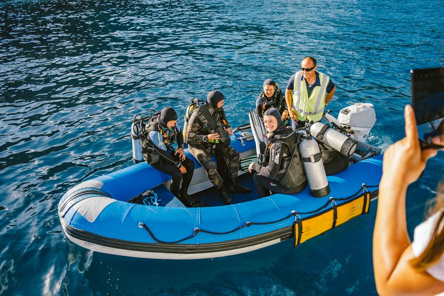 Tender filled with people about to go diving off Hook Island, Whitsundays