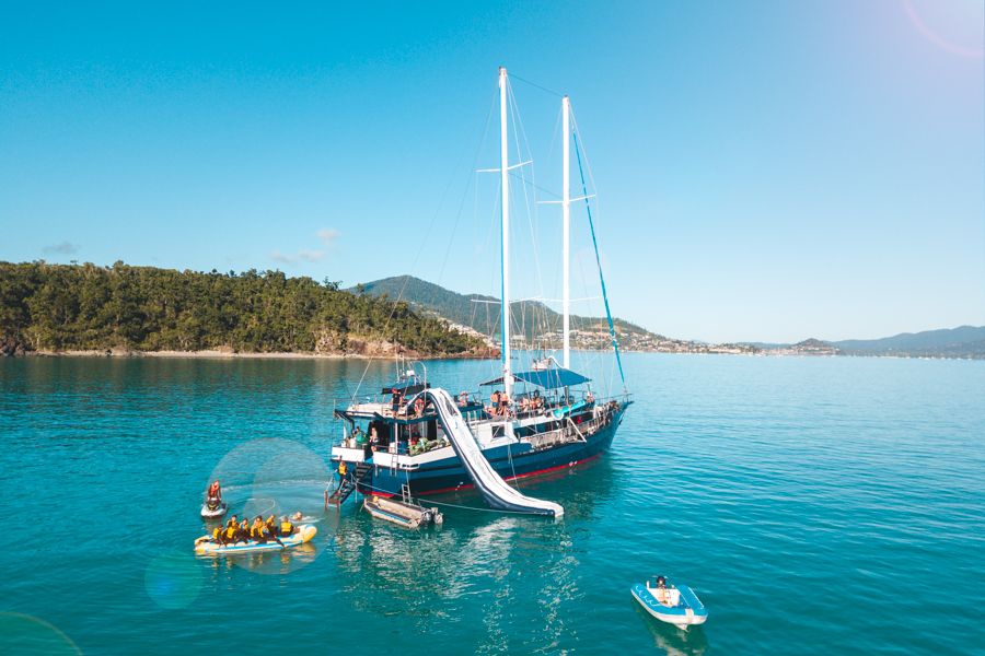 People aboard the Atlantic Clipper vessel in the Whitsundays