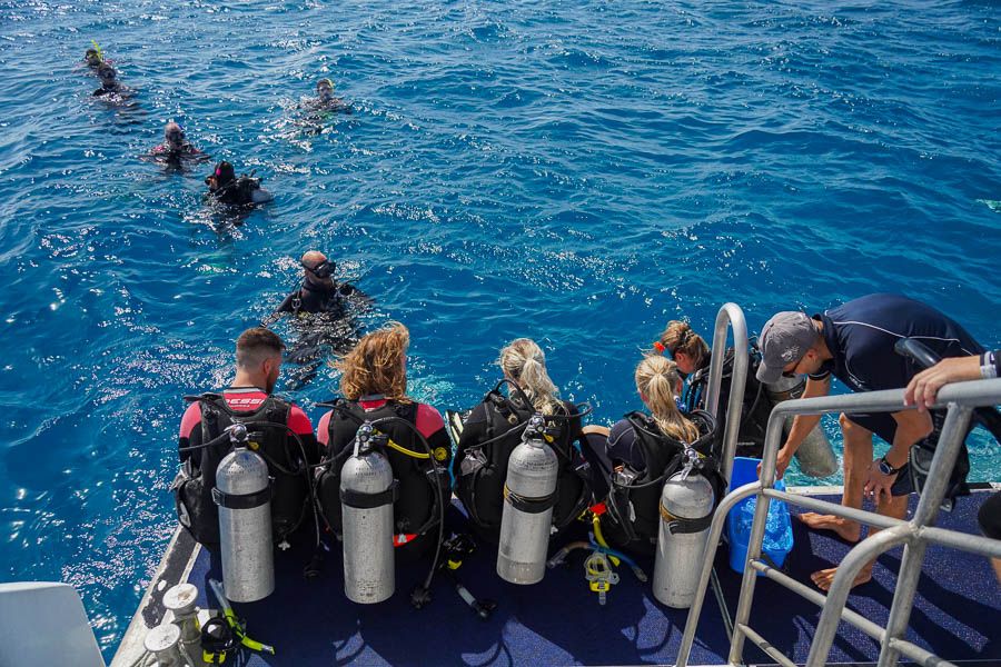 divers sitting on the edge of the boat