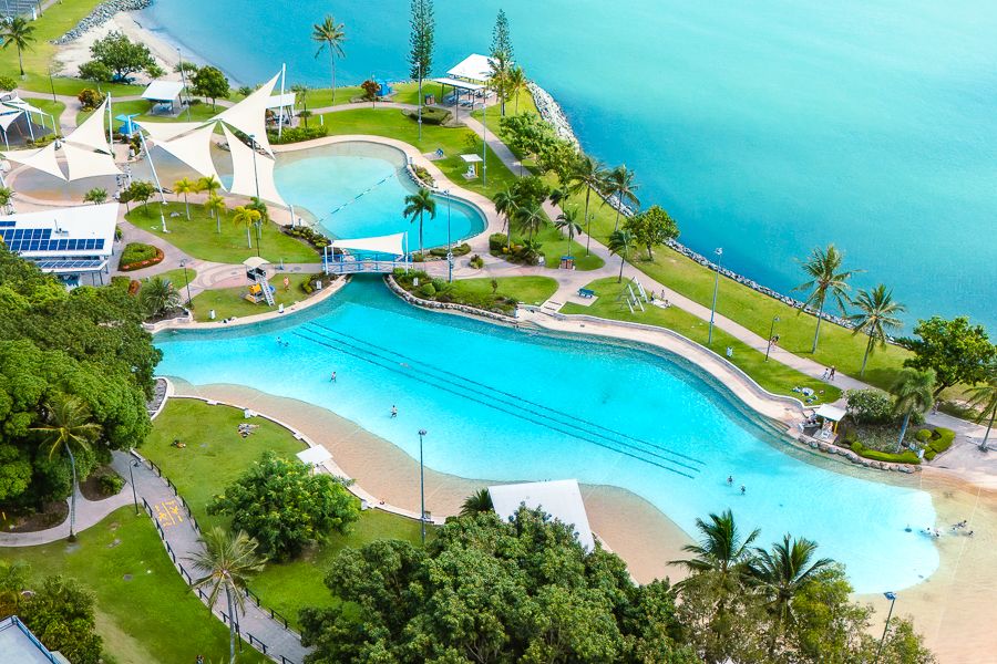 Aerial shot of the Airlie Beach Lagoon in Airlie Beach