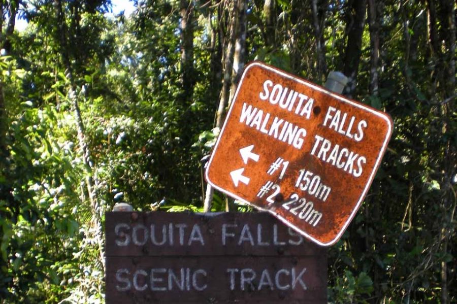 Weathered signs pointing to Souita Falls, surrounded by dense rainforest