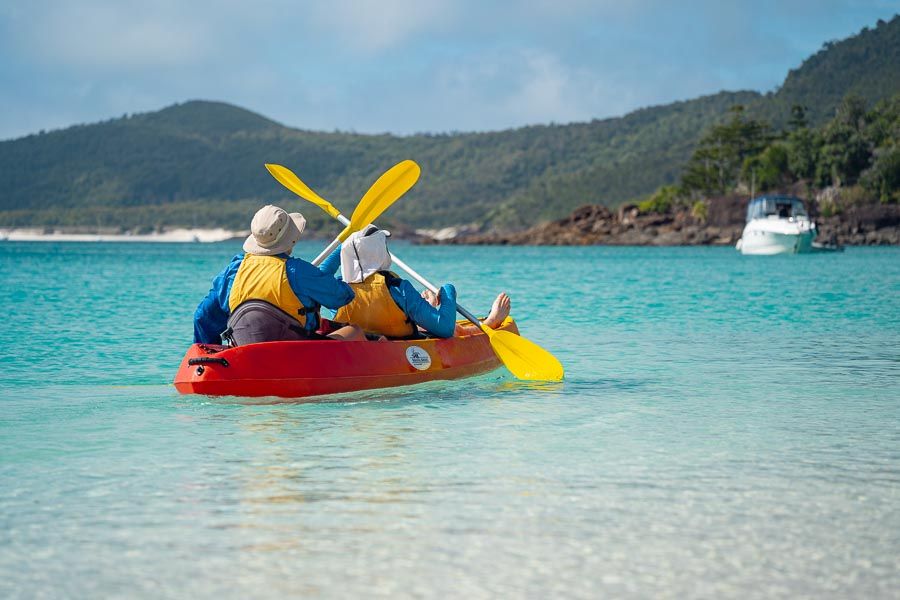 two people kayaking in the water