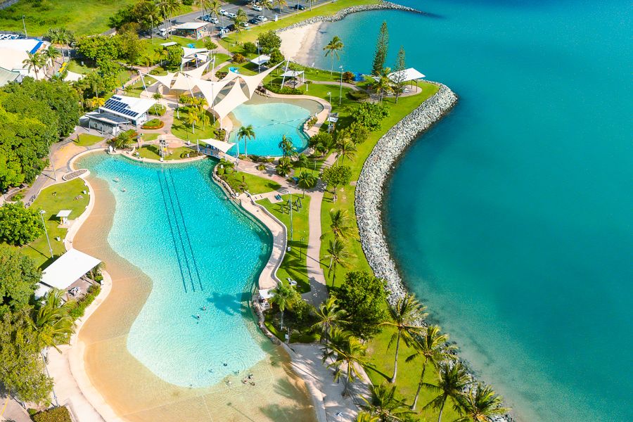 airlie beach lagoon and coastline from the sky