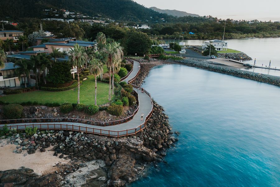 Airlie Beach a drone shot of the boardwalk in cannonvale