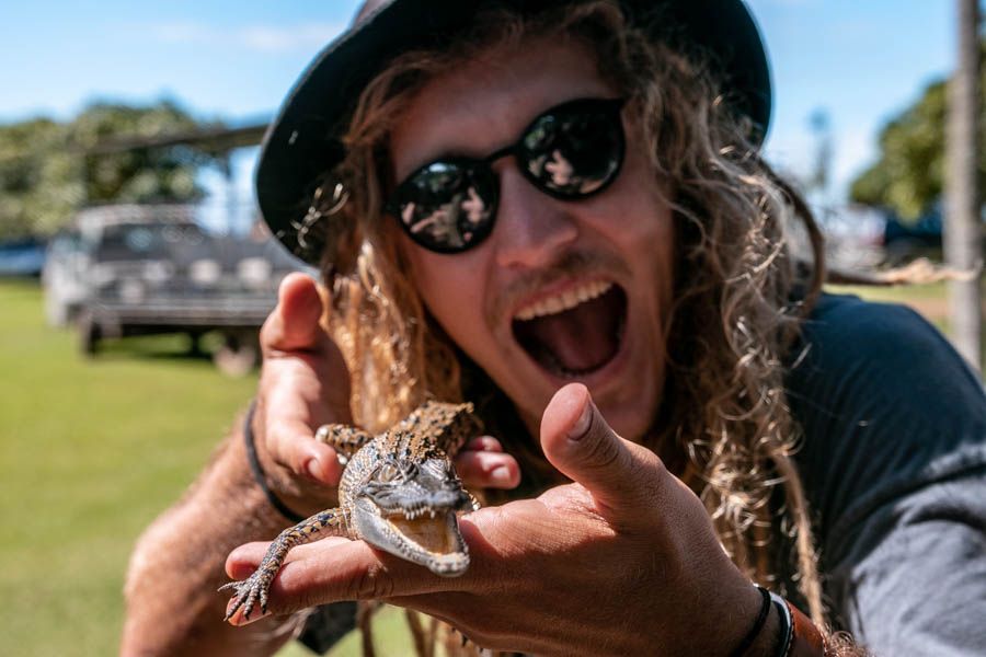 person holding baby crocodile