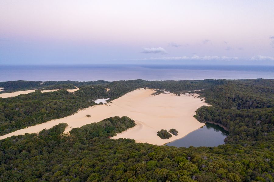 aerial view of sunset over lake wabby sand dunes