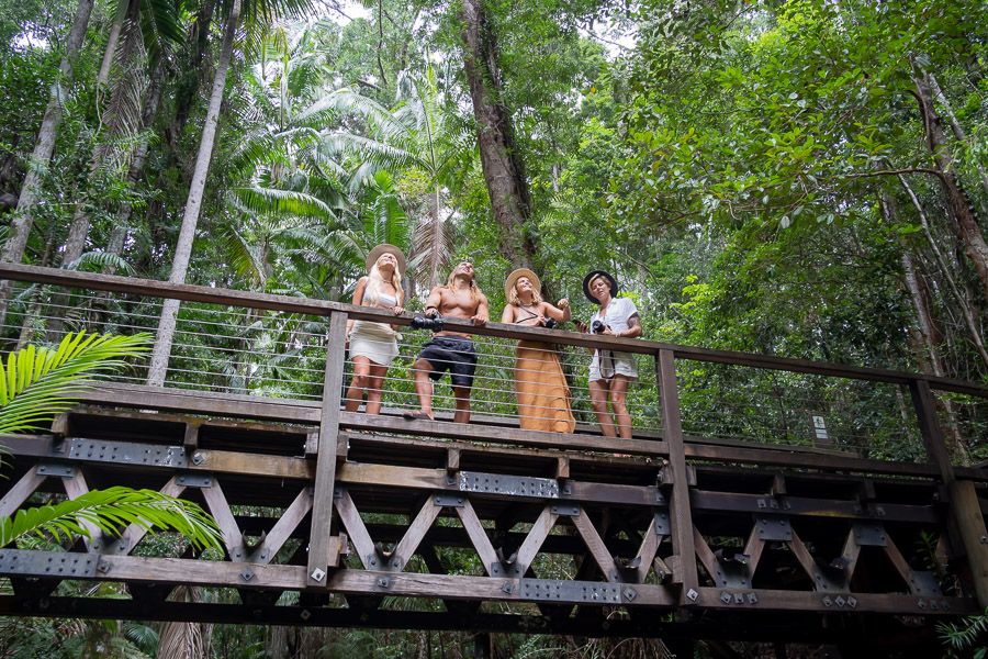 group walking in the rainforest