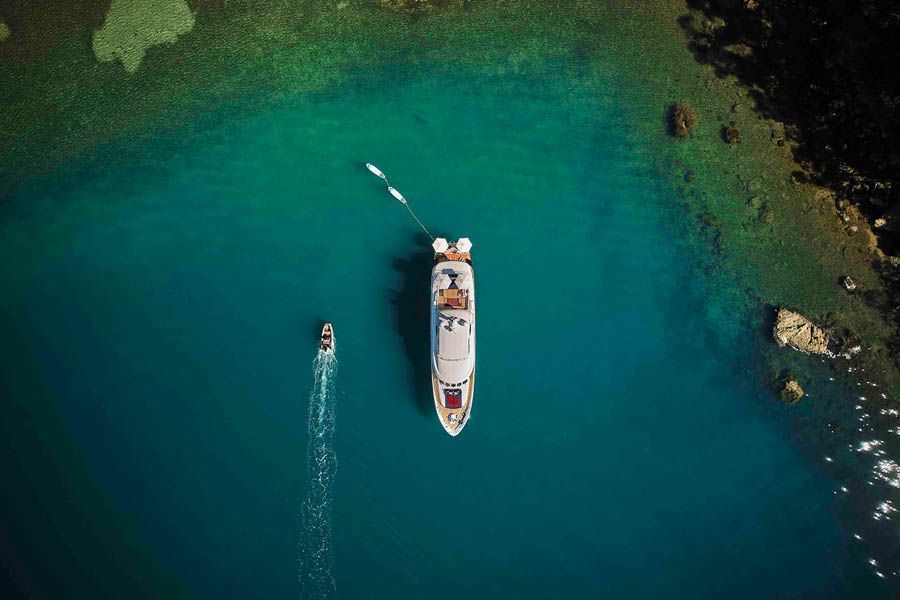 aerial view of Aurora Luxury Superyacht in the ocean