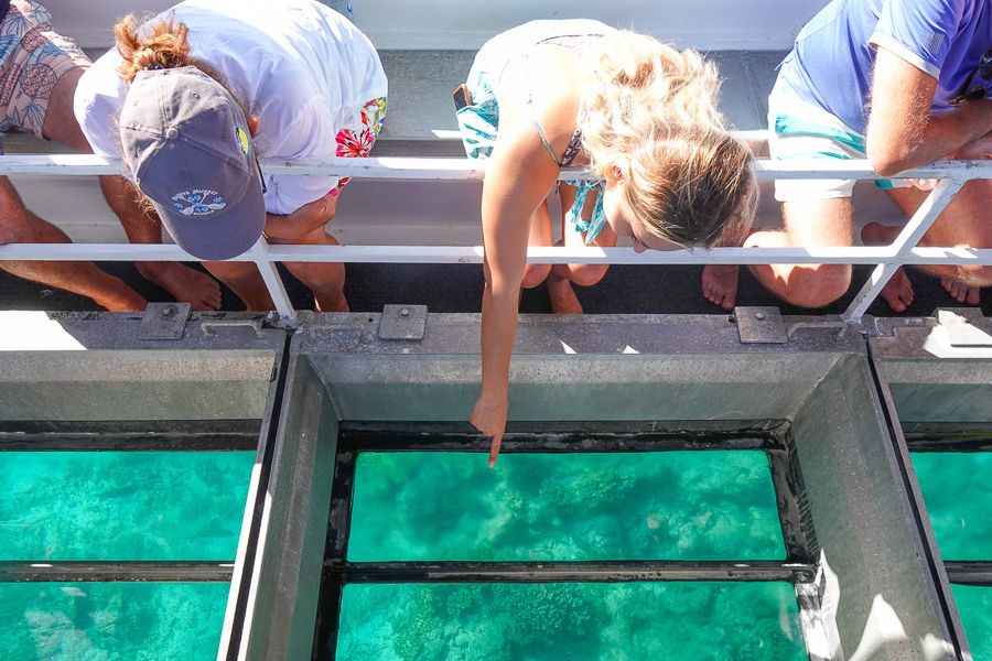 Girl pointing to reef on glass bottom boat