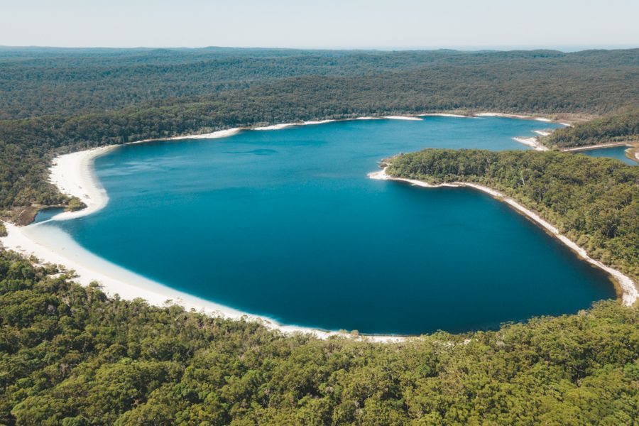 blue waters of Lake McKenzie surrounded by rainforest