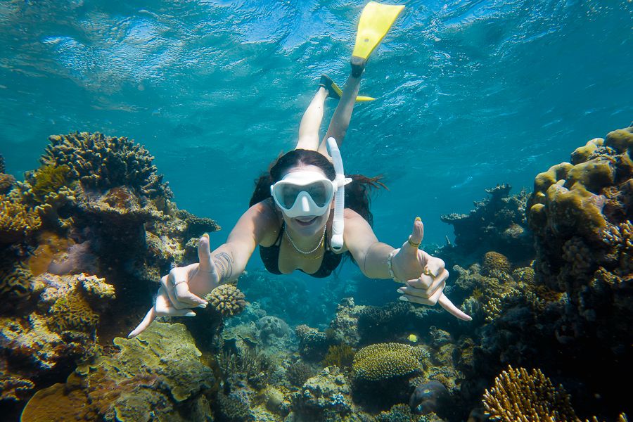 A woman underwater snorkelling between coral reefs