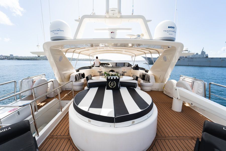 The back deck of a superyacht with luxury white furnishings