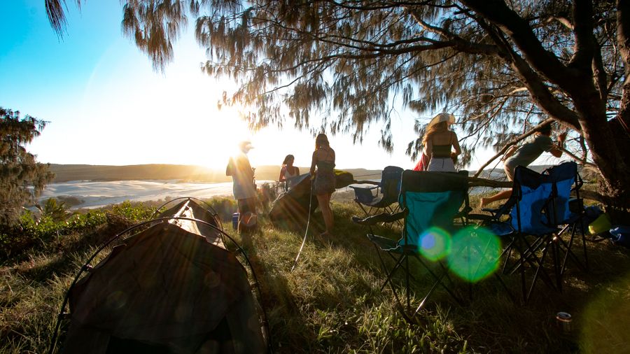 forest campsite on a grassy hill on K'gari with sun streaming in