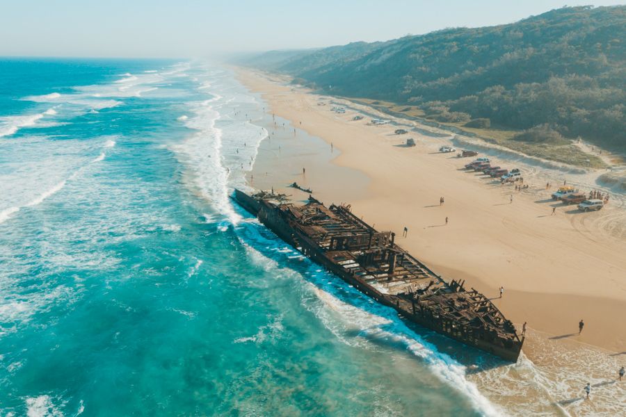 aerial view of Maheno Shipwreck on the shores of K'gari