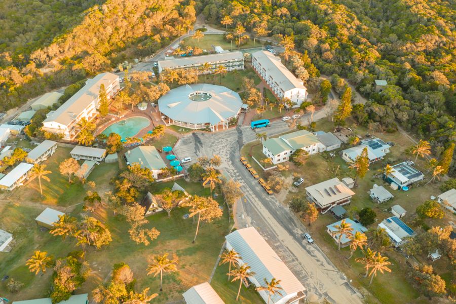 aerial view of resort on K'gari