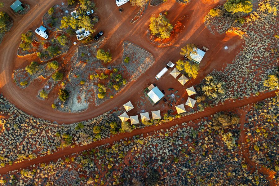 aerial view of a campsite in the red centre australia