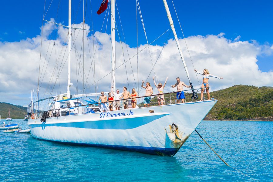 A drone shot of people on a sailing boat
