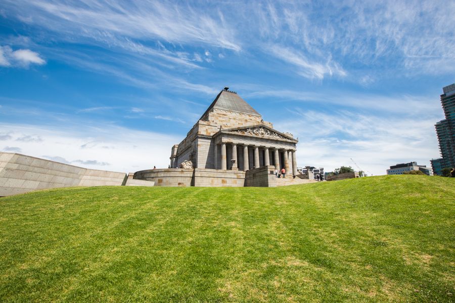 shrine of rememberence atop a grassy green hill