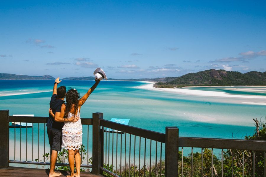 couple posing at hill inlet lookout whitsundays