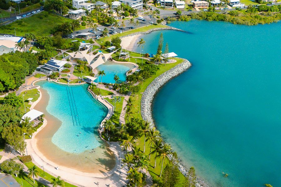aerial view of airlie beach lagoon and foreshore