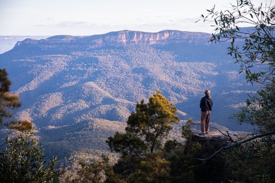 Person overlooking mountain valley at twilight