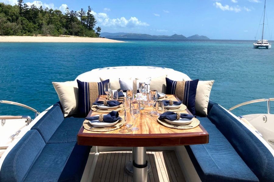 La Mar Whitsundays dining setup on la mar superyacht in the whitsundays