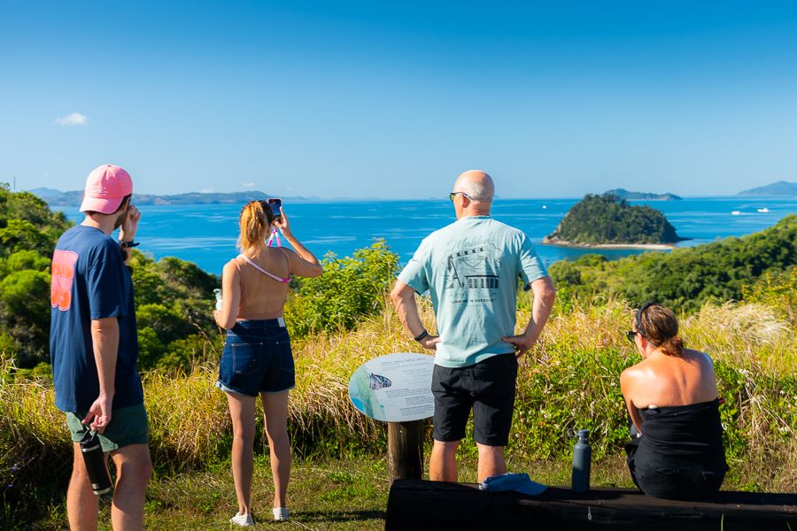 A group of people standing at a lookout spot
