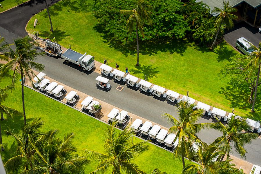 aerial view of buggys lined up on hamilton island