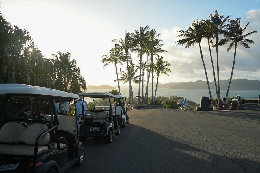 hamilton island buggies and palm trees on a hill