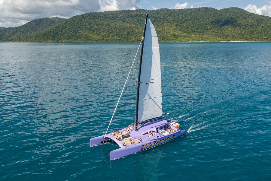 An aerial shot of the catamaran Camira in the Whitsundays
