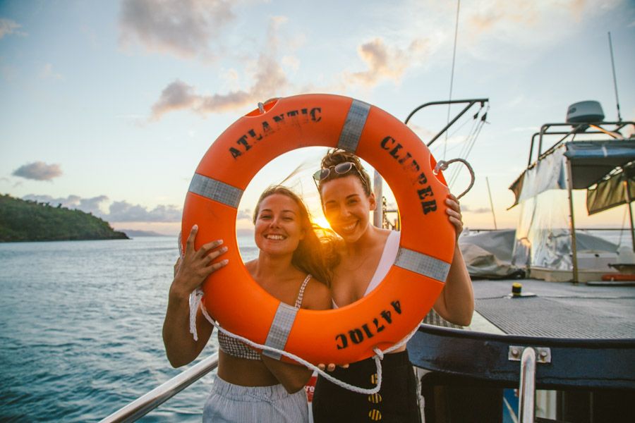 Two girls on Atlantic Clipper, Best Party Boats in the Whitsundays