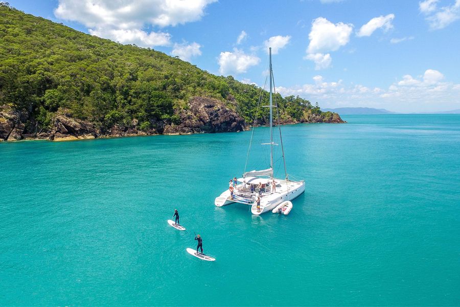 A white catamaran with a sail in an island inlet