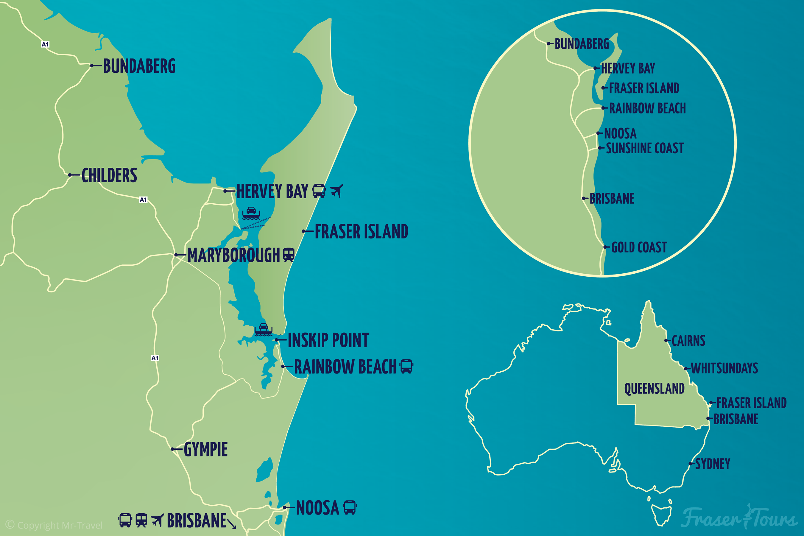 Map of East Coast, Fraser Island to Noosa