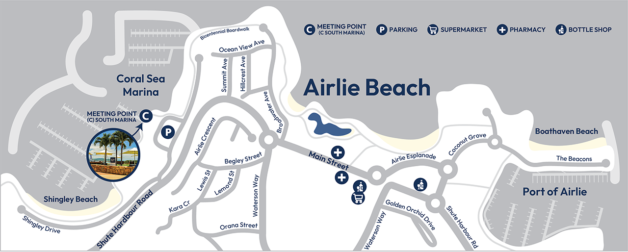 Whitsunday Blue Meeting Point A graphic of a map showing where to meet for Whitsunday Blue